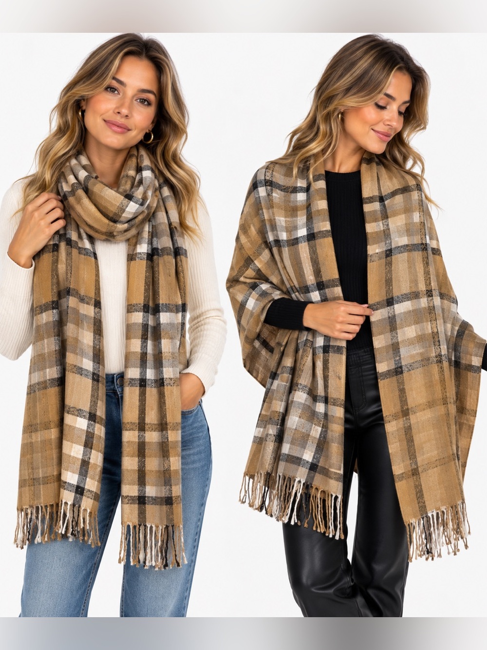 Luxury Plaid Throw Scarf wrap in Tan